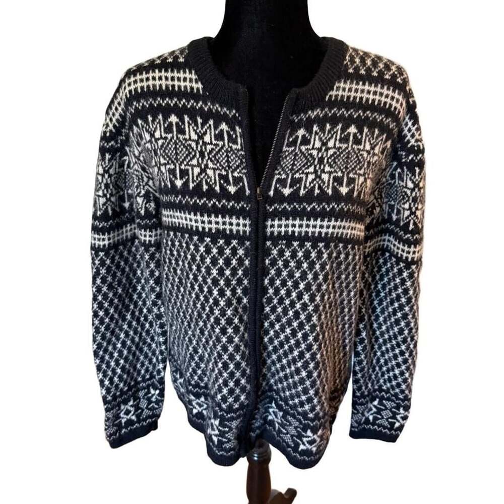 Crystal Kobe Cardigan Sweater L Black White Wool Fair Isle Nordic Zip